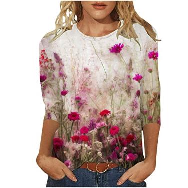 Imagem de Túnica feminina com estampa floral, manga 3/4, gola redonda, camisetas básicas, confortáveis, para outono, Rosa choque, G