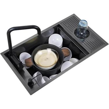 Imagem de Pia escondida para cozinha de tigela única, cafeteria, bar comercial, pia com lavadora de copos, sifão para trailer, com tampa, torneira dobrável, economiza espaço, preto, 60 * 40 * 22 cm
