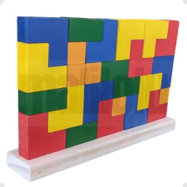 Imagem de Blocos De Encaixe Vertical 25 Peças Tetris em Madeira Brinquedo Educativo Junior Tamanho Pequeno