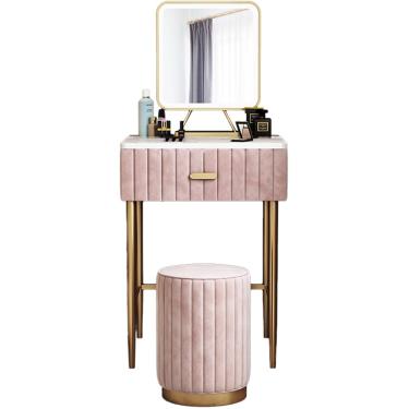 Imagem de Conjunto moderno de penteadeira pequena, mesa de maquiagem com gavetas e espelho, penteadeira com banco redondo acolchoado, tampo de mármore/estrutura de ferro, rosa, 40 x 50 cm