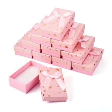 Imagem de Boutigem Pacote com 12 caixas de embalagem de joias de papelão rosa com tampas, caixas de presente com laço impresso em bolinhas, caixa de presente com esponja interna, estojo de presente para