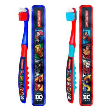 Imagem de Kit Escova de Dente Infantil com Porta Escovas Escolar Heróis DC Liga 