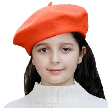Imagem de Chapéu de boina francesa de lã infantil, moda clássica, quente, cor sólida, chapéu de boina para bebês e meninas, Laranja, tamanho �nico