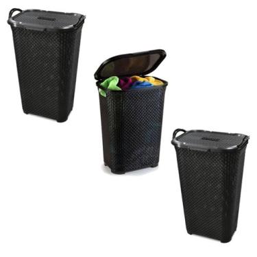 Imagem de Kit 3 Cestos Rattan Grande C/ Tampa Basculada Preto 25665 Arqplast