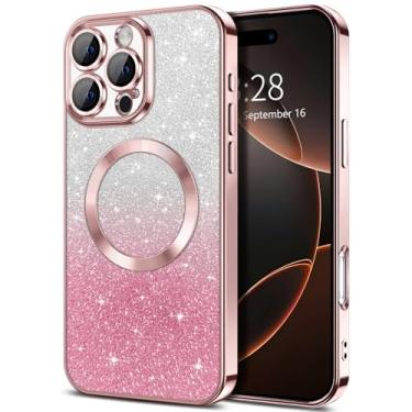 Imagem de Hython Capa para iPhone 16 Pro Max com glitter magnético transparente [compatível com MagSafe] Protetor completo de lente de câmera fino gradiente brilhante luxuoso chapeamento à prova de choque capa