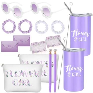 Imagem de Presentes para propostas de dama de honra Copos de menina com canudos Be My Flower Girl cartão com envelope lona bolsa de maquiagem óculos de sol elásticos de cabelo caneta de diamante para chá de noiva de casamento (roxo, 16 peças)