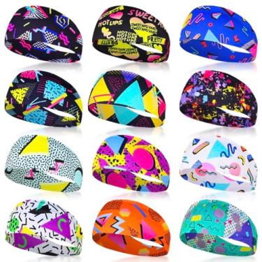 Imagem de 12 faixas de cabelo retrô vintage dos anos 80 anos 90 Memphis faixas de suor para homens mulheres neon macio faixa de suor atlética faixa de cabelo absorvente elástico para viagem, festa, caminhada,