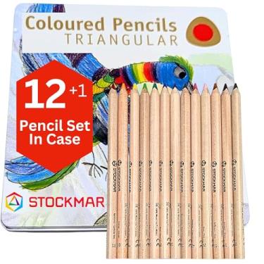 Imagem de STOCKMAR Lápis de cor triangular, 12 unidades + 1 lápis de grafite em uma caixa de lata: materiais de arte profissional para artistas adultos e um lápis de cor ideal para crianças em casa ou sala de