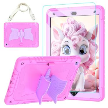 Imagem de TOMORRY Capa para iPad 9ª/8ª/7ª geração de 10,2 polegadas com protetor de tela de vidro temperado, suporte de unicórnio e alça de ombro, à prova de choque para iPad 10.2 2021/2020/2019 infantil (rosa)