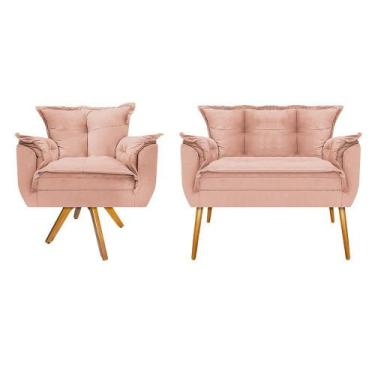 Imagem de Kit Namoradeira e Poltrona Opala Base Giratória de Madeira Suede Rosê 