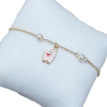 Imagem de Pulseira Infantil Pingente Lhama Pérola Banhada Ouro 18k - De Castro j