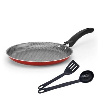 Imagem de Frigideira Panquequeira Antiaderente Vermelho+ Concha e Espatula Crepe