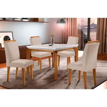Imagem de Conjunto: Mesa de Cozinha Londrina Tampo Madeirado c/ Vidro 120x80cm e 4 Cadeiras Athenas Capuccino/Suede Creme - Rufato
