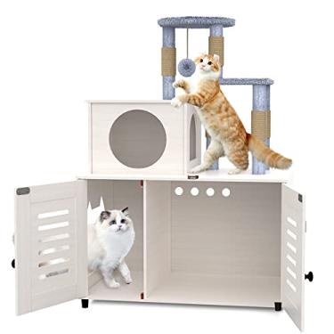 Imagem de EasyCom Caixa de areia, móveis ocultos de torre de árvore de gato para casa interna, armário de areia para gatos de madeira multifuncional com poste e condomínio, branco