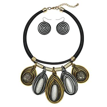 Imagem de Colar de declaração de joias africanas grossas para mulheres, conjunto de brincos de fantasia de moda tribal exclusivo com strass e ouro com pingente de madeira grande, gargantilha feita à mão