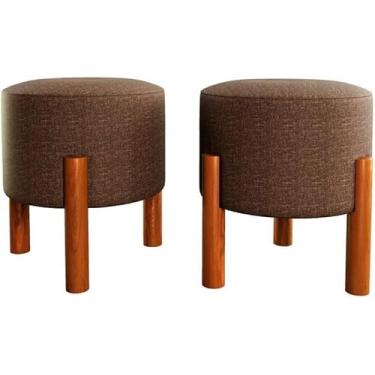 Imagem de Kit 2 Puff Redondo Luxo Decorativo Charme Thor com Pés de Madeira Linho Marrom - PC MÓVEIS