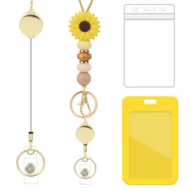 Imagem de Cordão retrátil para crachá de identificação – Cordão de girassol com porta-identidade, lindo porta-crachá retrátil para professores com contas de silicone para mulheres, presentes de professores de