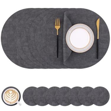 Imagem de Homaxy Jogo americano e porta-copos redondos de couro sintético, tapetes de mesa laváveis de dois lados, tapetes de jantar resistentes ao calor limpáveis para ambientes externos e internos, conjunto