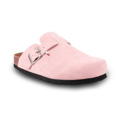 Imagem de EMMA NEW YORK Tamancos femininos de camurça sem cadarço com fivela deslizante de couro, sandálias de cortiça com suporte de arco, rosa, 39