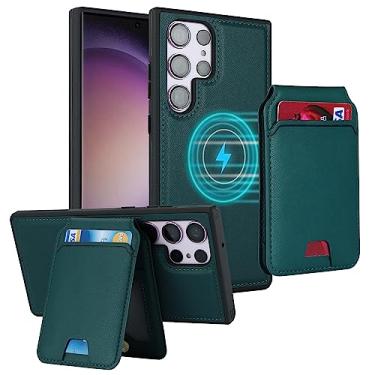 Imagem de iCoverCase Capa carteira para Samsung Galaxy S23 Ultra compatível com MagSafe, compartimento magnético destacável para cartões, capa de carregamento sem fio de couro PU (verde escuro)