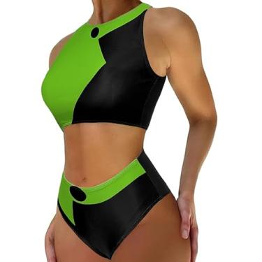 Imagem de EVELUST Fantasia feminina de Shego Colorblock – Traje de banho rave top cropped top cropped cintura alta parte inferior cosplay conjunto de biquíni (preto, verde, G, 10851e)