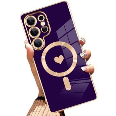 Imagem de AIGOMARA Capa magnética feita para ultra [compatível com carregamento sem fio] design de coração TPU macio galvanizado capa fina antiarranhões à prova de choque para mulheres - roxo