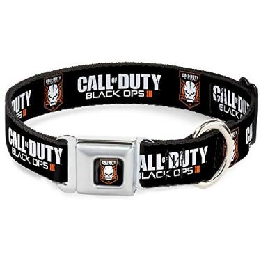 Imagem de Buckle-Down Coleira para cães com fivela de cinto de segurança – CALL OF DUTY-BLACK OPS III/Ícone de crânio preto/branco/laranja – 3,8 cm de largura – Serve para pescoços de 33 a 45,7 cm – Pequena