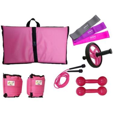 Imagem de Kit Tornozeleira 5KG Rosa + Halteres 5KG Rosa + Colchonete Rosa + Mini