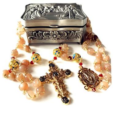 Imagem de elegantmedical Caixa de colar de rosário/crucifixo feita à mão com pedras da lua laranja e contas esmaltadas para presente feminino católico, 23"(59cm), Banhado a ouro, Pedra da lua