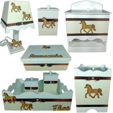 Imagem de Kit Higiene bebê Mdf menino 8 pçs - BRANCO COM PALHA DE CAVALO - Flore