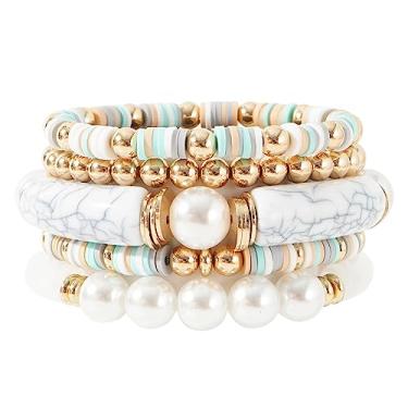 Imagem de GOOJIDS Pulseira simples com contas banhadas a ouro grosso tubo de bambu curvado empilhável contas coloridas de acrílico transparente conjunto de pulseiras banhadas a ouro para mulheres, 6.6 inches