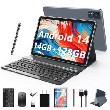 Imagem de Tablet Android14 2025 mais recente de 10 polegadas 128 GB de ROM + 14 GB de RAM + 1 TB Expansão Octa-Core 5G WiFi, 4G celular com 2 slots Sim 13 MP + 8 MP 7000 mAh BT5.0 GPS 2 em 1 tablet com teclado