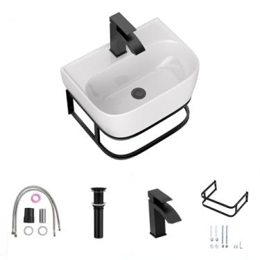 Imagem de Lordear Pia de vaso montada na parede 40 x 28 cm, pia de banheiro de porcelana branca em forma de U com torneira preta e pernas de suporte de pedestal, pia pendurada na parede com toalheiro para