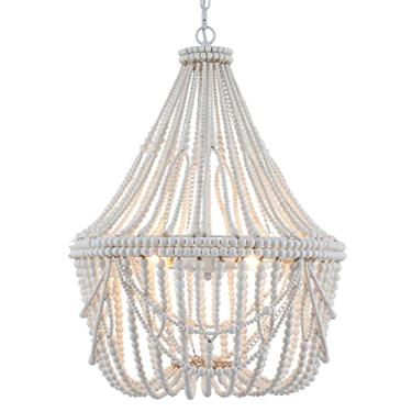 Imagem de ELYCCUPA Lustre Grande De Madeira Com Contas De 20” Estilo Boêmio, Lustre Estilo Country Francês Costeiro, Luminária Pendente Antiga De Fazenda Para Sala De Estar, Cozinha, Ilha, Sala De Jantar, Qua