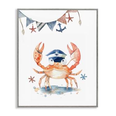 Imagem de Stupell Industries Design de arte de parede giclée emoldurado cinza caranguejo em chapéu de marinheiro por LSR Design Studio, 28 x 35