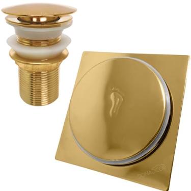 Imagem de Dona D.cor, Ralo Click Dourado 10x10 E Valvula Pia Banheiro 1 1/4 Aço Inox Ralo Inteligente 10cm E Valvula Click 40mm Escoamento Pia Lavatorio Kit Banheiro Gold