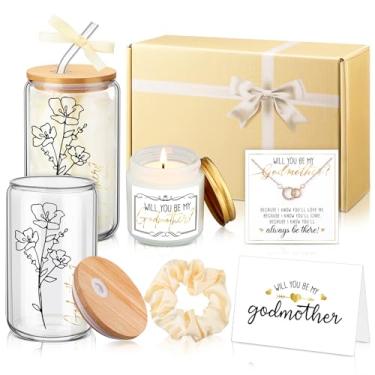 Imagem de Singhoow Conjunto de 6 peças de presente de madrinha Will You Be My Godmother 473 ml, copo de vidro, caixa de presente de vela perfumada da afilhada para o dia das mães, Natal, aniversário, batismo