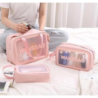 Imagem de Bolsa Feminina Mala de Mão Organizadora Necessaire Transparente Impermeável Wahsbag Multiuso Transversal Maquiagem Viagem Rosa (branco)