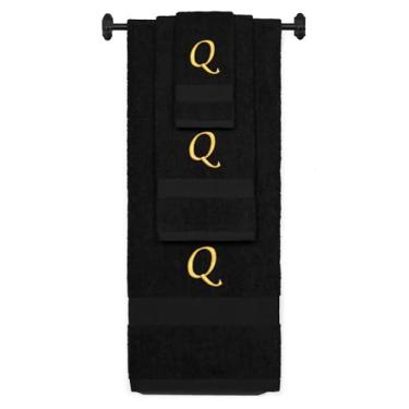 Imagem de Toalha de banho de algodão felpudo bordada personalizada, conjunto de toalha de mão e toalha de banho - conjunto de toalhas pretas, ouro Chancery inicial Q