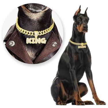 Imagem de LuxLife Coleira dourada para cães e gatos com pedras de zircônia e pingente King, colar elegante e brilhante para cães e gatos pequenos e médios (50 cm)
