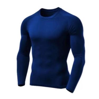 Imagem de Camiseta Térmica Camisa Masculina Azul Inverno Frio Flanelada Segunda 