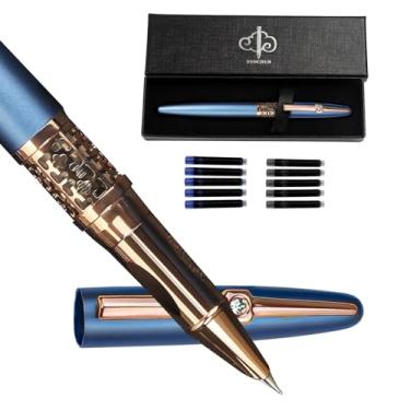 Imagem de YUNCHUN Caneta-tinteiro recarregável, ponta fina, caneta de tinta elegante com 5 cartuchos de refil de tinta preta e 5 azuis, canetas de tinta legais para escrever, caneta de metal para trabalho,