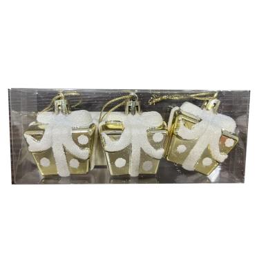 Imagem de Conjunto com 3 Caixas de Presentes de 4,5cm Dourado Com  Branco para Árvore de Natal - Festive