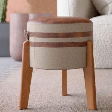 Imagem de Puff Pés Em Madeira Redondo Detalhes Moderno Decoração Assento Em Couro Estofado Suede