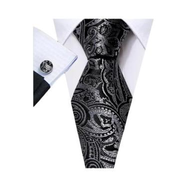 Imagem de Conjunto de Gravata e Abutões Masculinos - Seda Jacquard Preto, Branco
