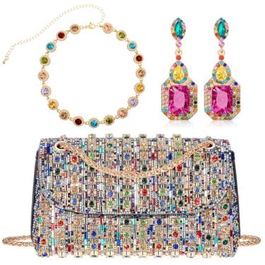 Imagem de Landical Conjunto de 3 peças de joias e clutch de strass colorido para mulheres - bolsa de noite brilhante, brinco pendente, colar, Evening bag: 7.5 x 2.3 x 4.3 inches, Tecido, strass, Sem Pedra