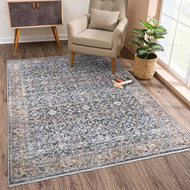 Imagem de Bloom Rugs Tapete lavável antiderrapante 2x3 - Tapete de área oriental tradicional azul escuro/marrom para sala de estar, quarto, sala de jantar e cozinha - Tamanho exato: 5 x 7 cm