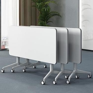 Imagem de 3 peças de mesas de reunião dobráveis, mesa de treinamento móvel flip top com rodas bloqueáveis, pronta para desdobrar e usar (cor: branco, tamanho: 120 * 55 * 74 cm) (branco 180 * 60 * 74 cm) (branco