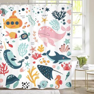 Imagem de Mitpok Cortina de chuveiro infantil 72Lx78H extralonga infantil desenho animado baleia subaquática vida marinha praia berçário menino menina decoração de banheiro costeiro submarino peixe cortina de
