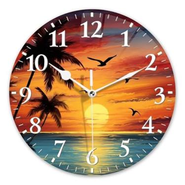 Imagem de DTOIVSAT Relógio de parede do pôr do sol, sem tique-taque, relógios silenciosos, operado por bateria, relógio decorativo analógico para casa - belo pôr do sol sobre o oceano com palmeiras e pássaros